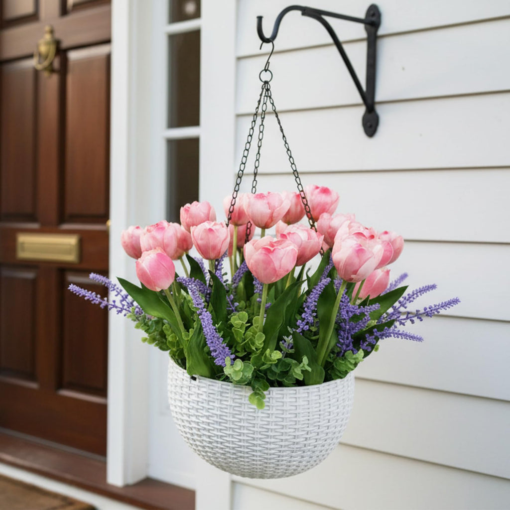 Artificial Flowers Hanging Basket, Pink Tulips