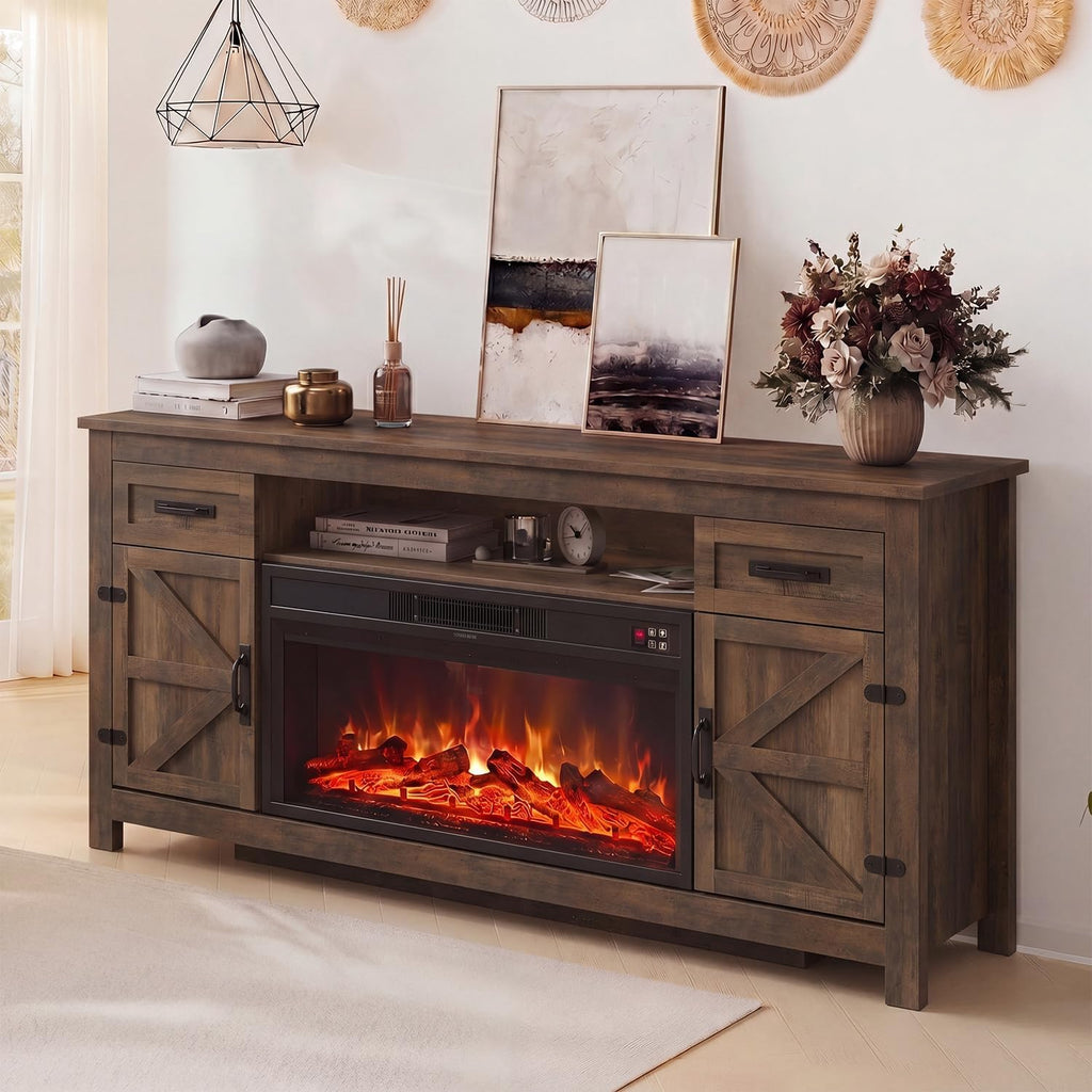 Fireplace TV Stand, 70" Farmhouse TV Stand with Barn Door for 80" TVs, Entertainment Center with Black Fireplace &