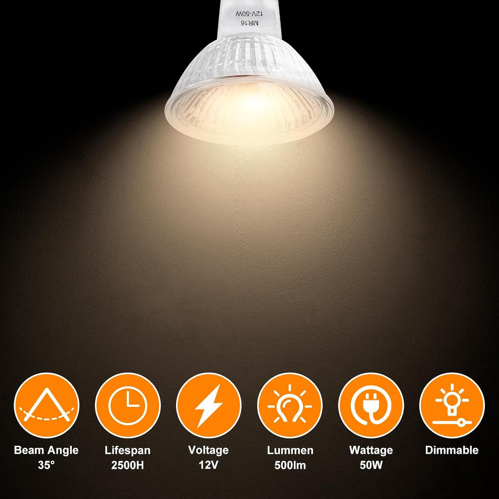 MR16 Halogen Bulbs 2 Pin, 12V 50W, Gu5.3 Base, 6 Packs