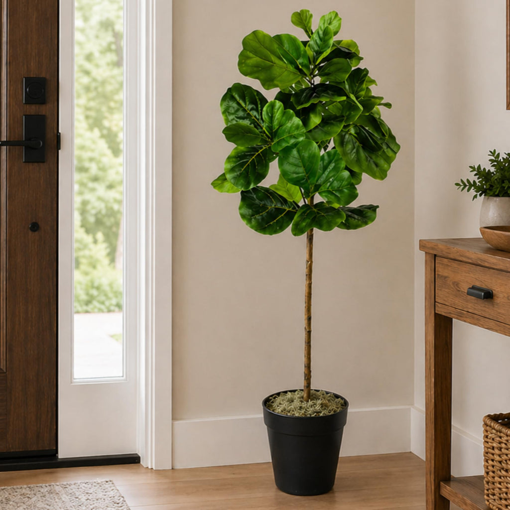 5ft Artificial Fiddle Fig Tree - Real Wood Trunk, Preassembled, No Maintenance Indoor Faux Plant in Black Pot