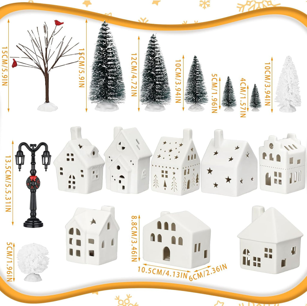 26 Pcs Ceramic Christmas Village Set LED Lighted White,Classic
