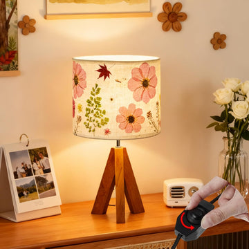 Dried Flowers Tripod Table Lamp 14.96in, 9W LED Dimmable Cute Bedside Lamp with Flowers Linen Lampshade, Kid Room