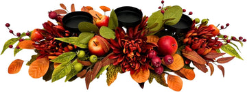 26 Inch Fall 3 Candle Holder with Faux Apples, Mums and Berries | 3 Candle Cups with Faux Apples, Red Mums and Autumn
