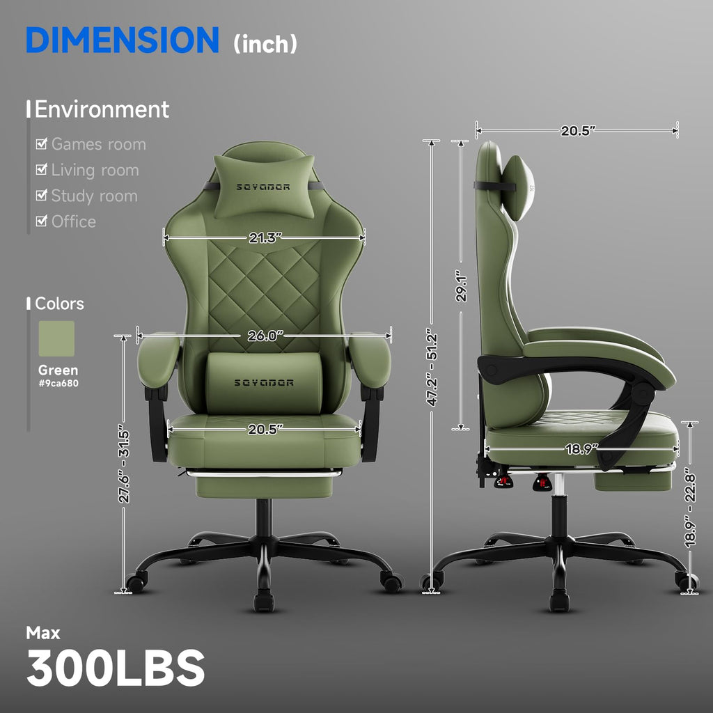 Gaming Chair with Footrest, Ergonomic Leather Computer Chair with Lumbar Support, Height Adjustable High Back Swivel