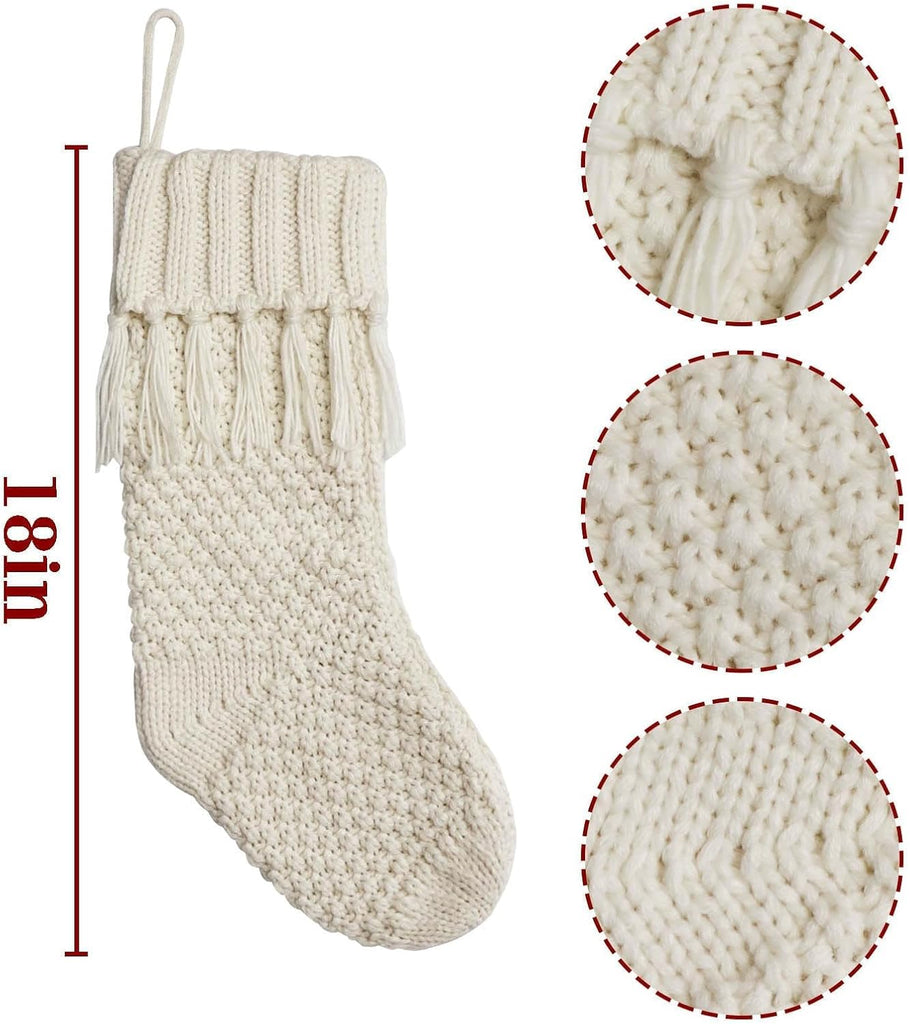 Cable Knit, 3 Pack 18 inches White Large Size Knitted Stockings, Rustic Christmas Ornaments Farmhouse Boho Style - Set of 3