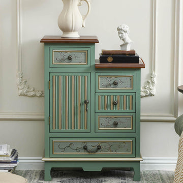 Vintage Accent Chest with 5-Drawers and Door Carved Wood Storage Cabinet Modern, Sage Green