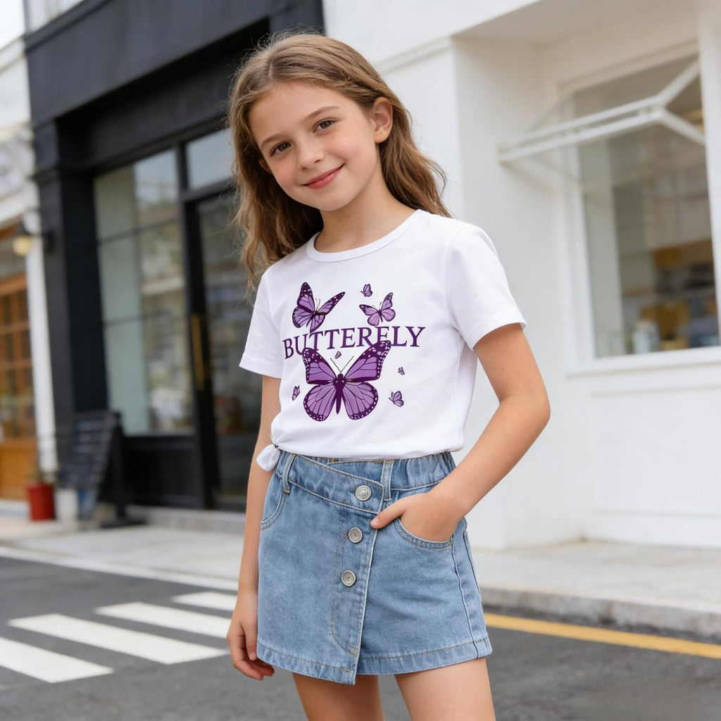 Girls Clothes 2PCS Butterfly Print Short Sleeve T-Shirt Denim Skirt Shorts Set Teen Tween Girls Summer Outfits Set