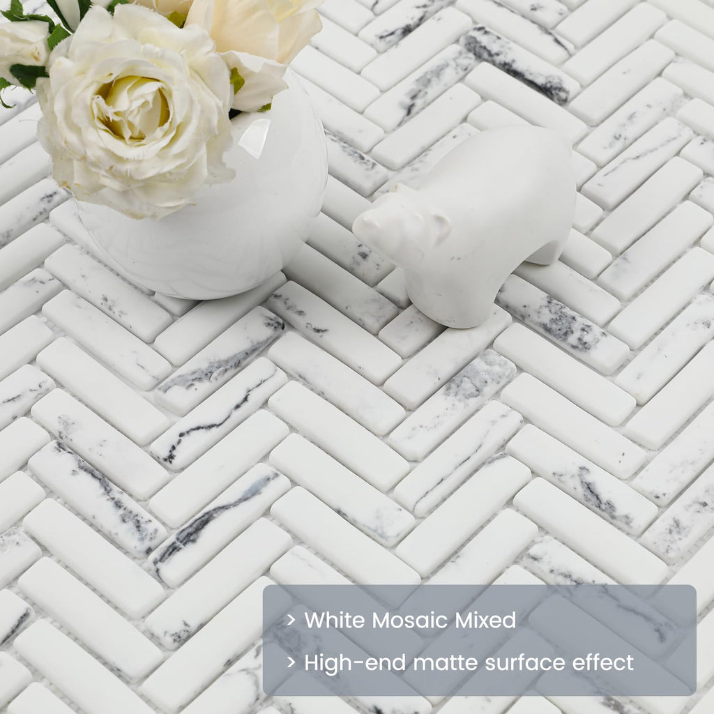 Carrara Herringbone Marble Look Recycled Glass Mosaic Backsplash