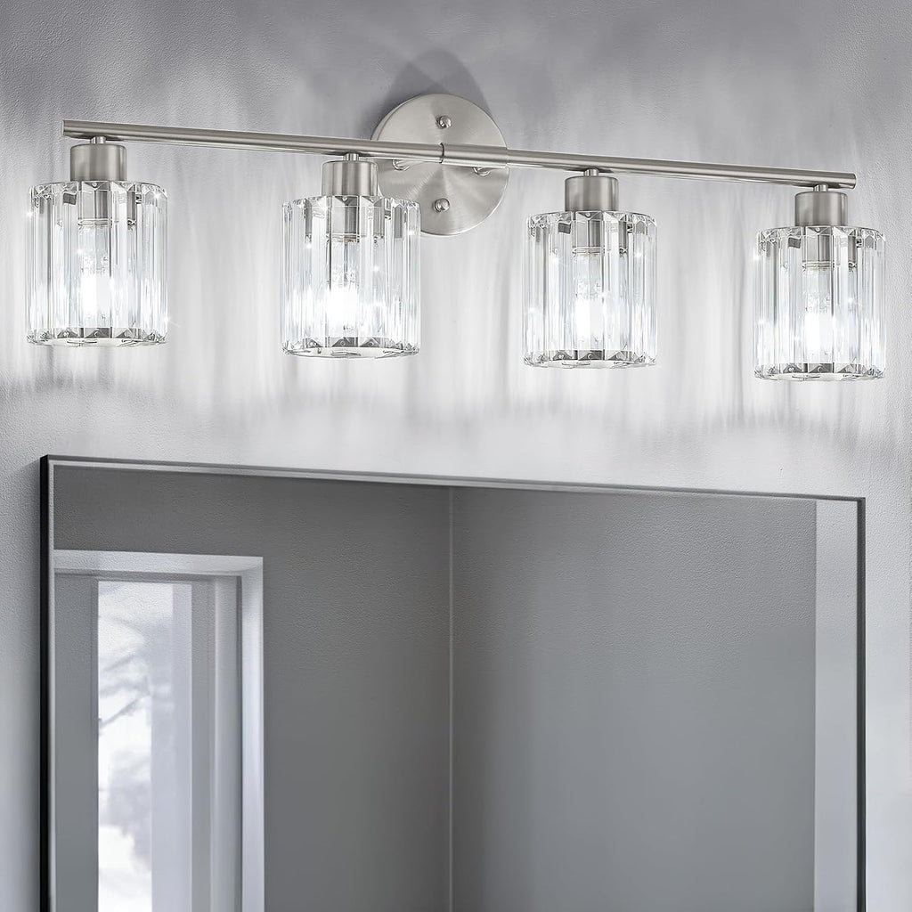 Modern Brushed Nickel Crystal Bathroom Light Fixtures,4-Light | Bathroom Lighting Fixtures over Mirror,Vanity Lights