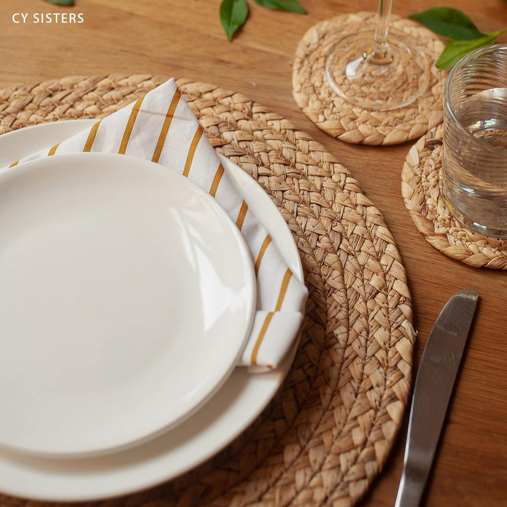 Woven Placemats Round Placemats, 13.5 Inch Wicker Placemat Circle Rattan Placemats Farmhouse Boho Braided - Set of 6