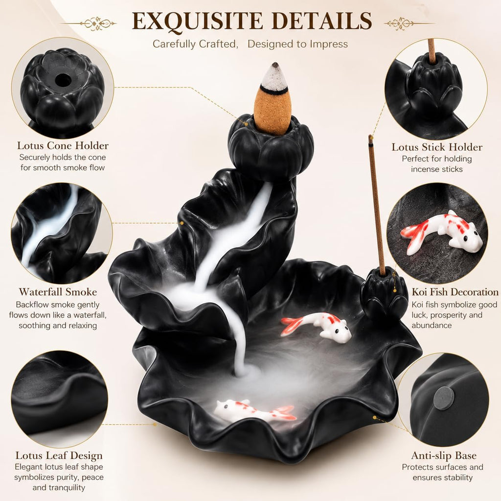 Ceramic Waterfall Backflow Incense Burner Holder, Home Aromatherapy Decoration Ornament with 30 Backflow Incense - Set of 83
