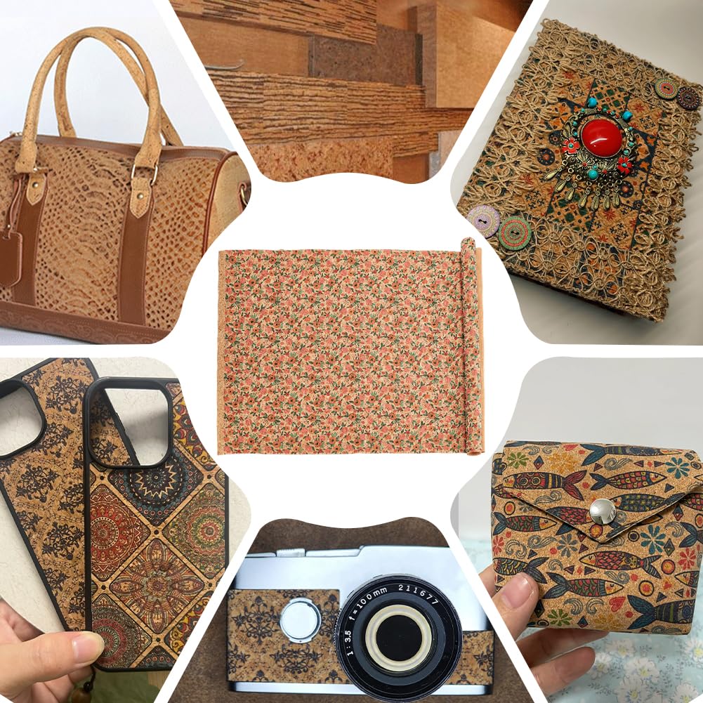 Cork Fabric 53x19.7 Flower Pattern Soft Cork Sheets Retro Thin Cork Ribbon for Sewing Cork Faux Leather with Camellia