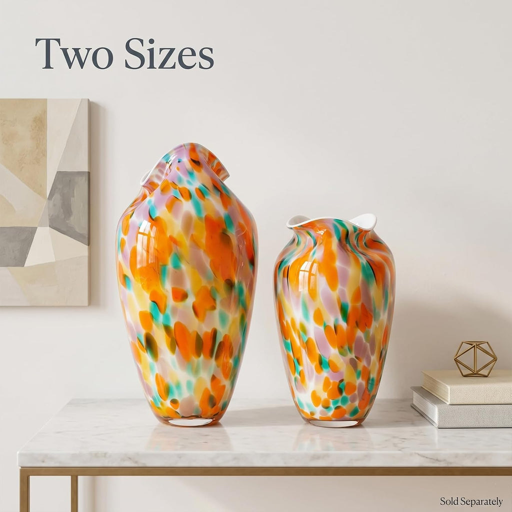 Murano Style Glass Vase, Hand Blown Decorative Art Vase with Ruffled Opening for Flowers, Shelf Tabletop Mantel