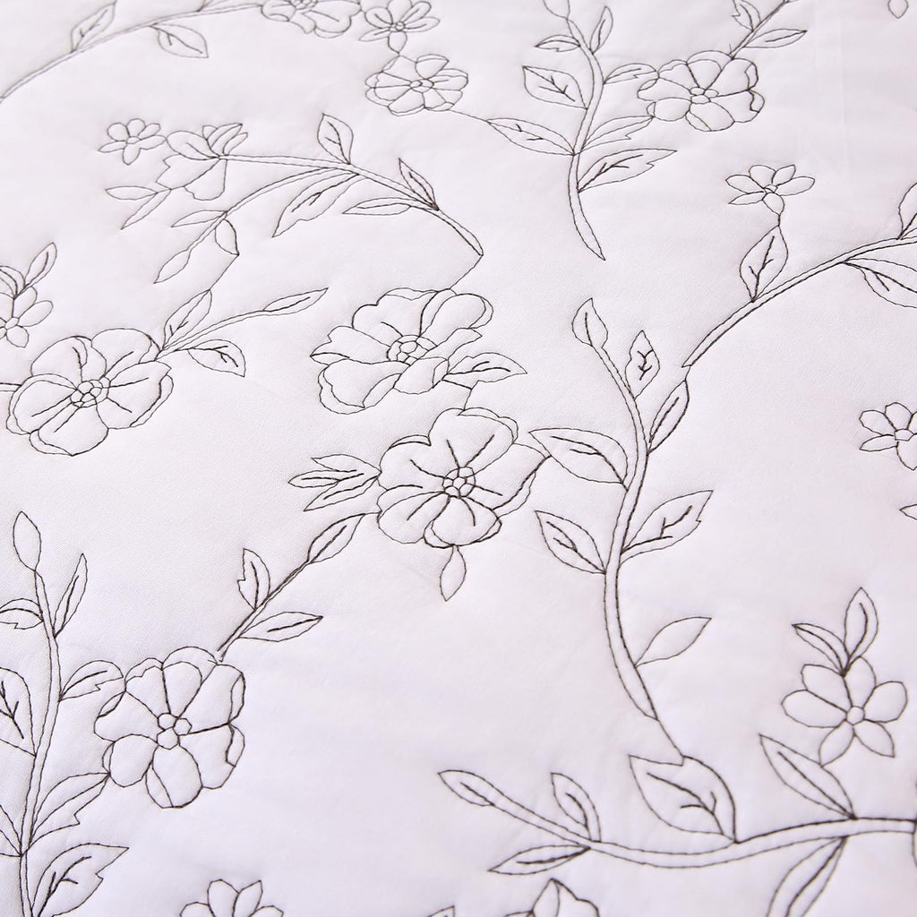 Romantic Ruffled Floral Embroidered Quilt Set White 100% Cotton Bedspread with 2 Ruffle Pillow Shams