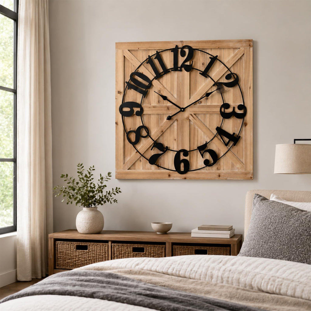 Wooden Farmhouse Wall Clock 30 Inch, Rustic Barn Door Clock