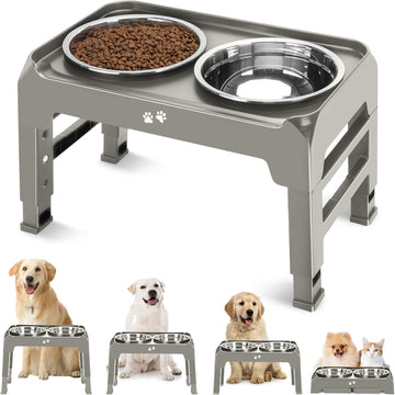 Elevated Bowls, 4 Height Adjustable Raised Stand With 2 Thick 50oz Stainless Steel Food Bowls, Non-Slip Feeder