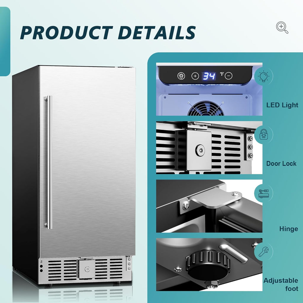Beverage Refrigerator 15 Inch, Under Counter 127 Can Beverage Fridge with Stainl