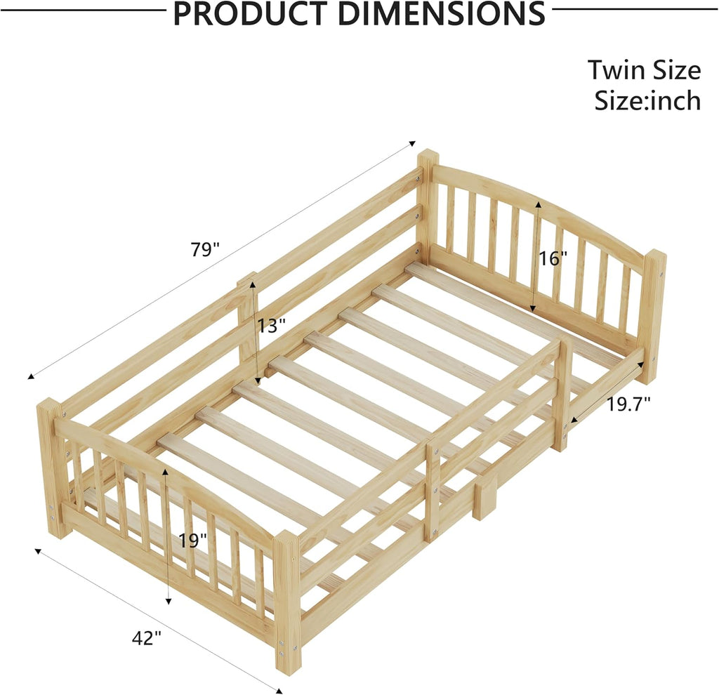 Montessori Floor Bed with Safety Guardrails - Solid Wood Bed Frame with Slats & Fence and Without Door, No Box