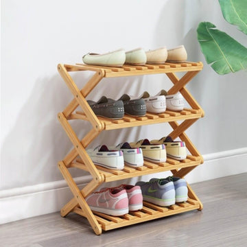 4 Tier Bamboo Shoe Rack, Portable Folding Shoe Storage Rack, Without Installation Small Shoe Rack Perfect for