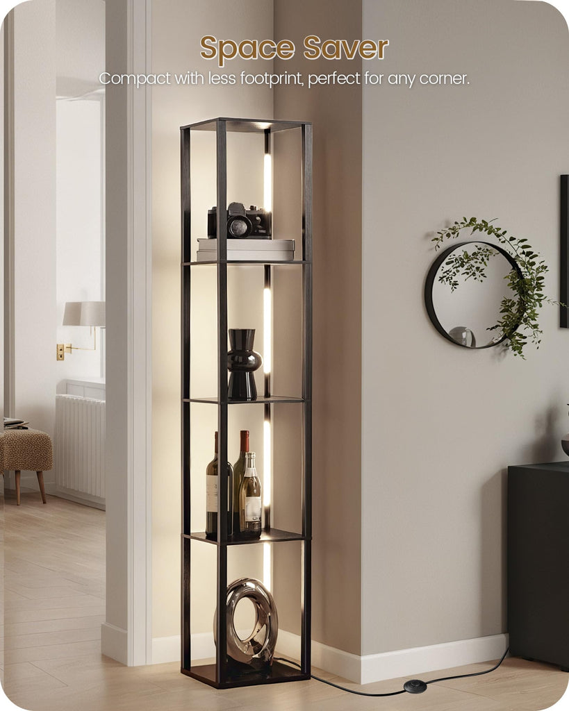 64.2" Display Shelf with Light, Modern Corner Floor Lamp with Shelves, LED Dimmable Standing Lamp with