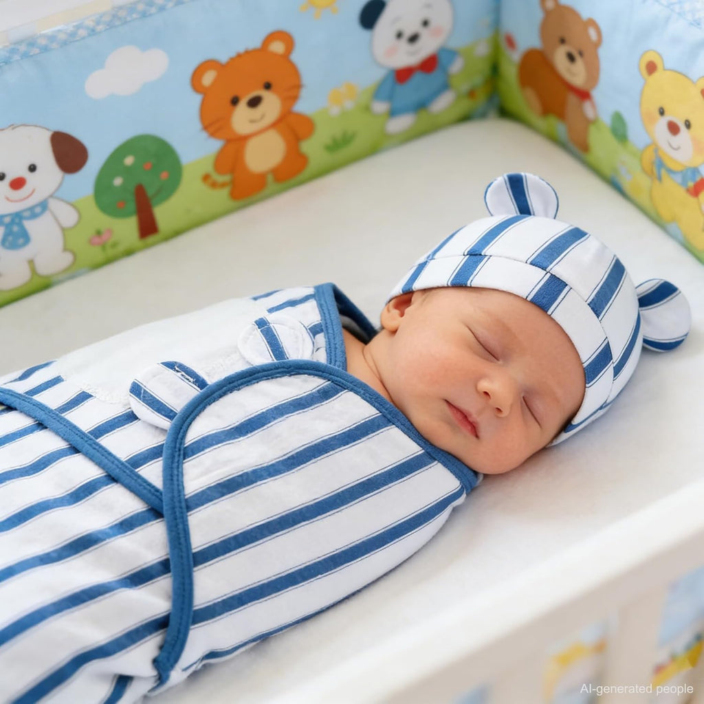 Unisex Pack Baby Swaddles for Newborns with Bear Hat (Blue Set)