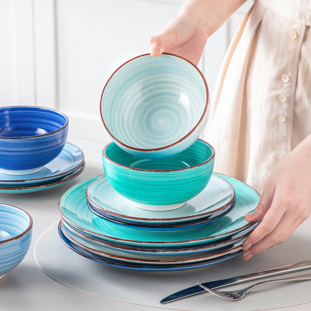 Bonita Dinnerware Sets 12 Pieces for 4, Ceramic Dishes Set Blue