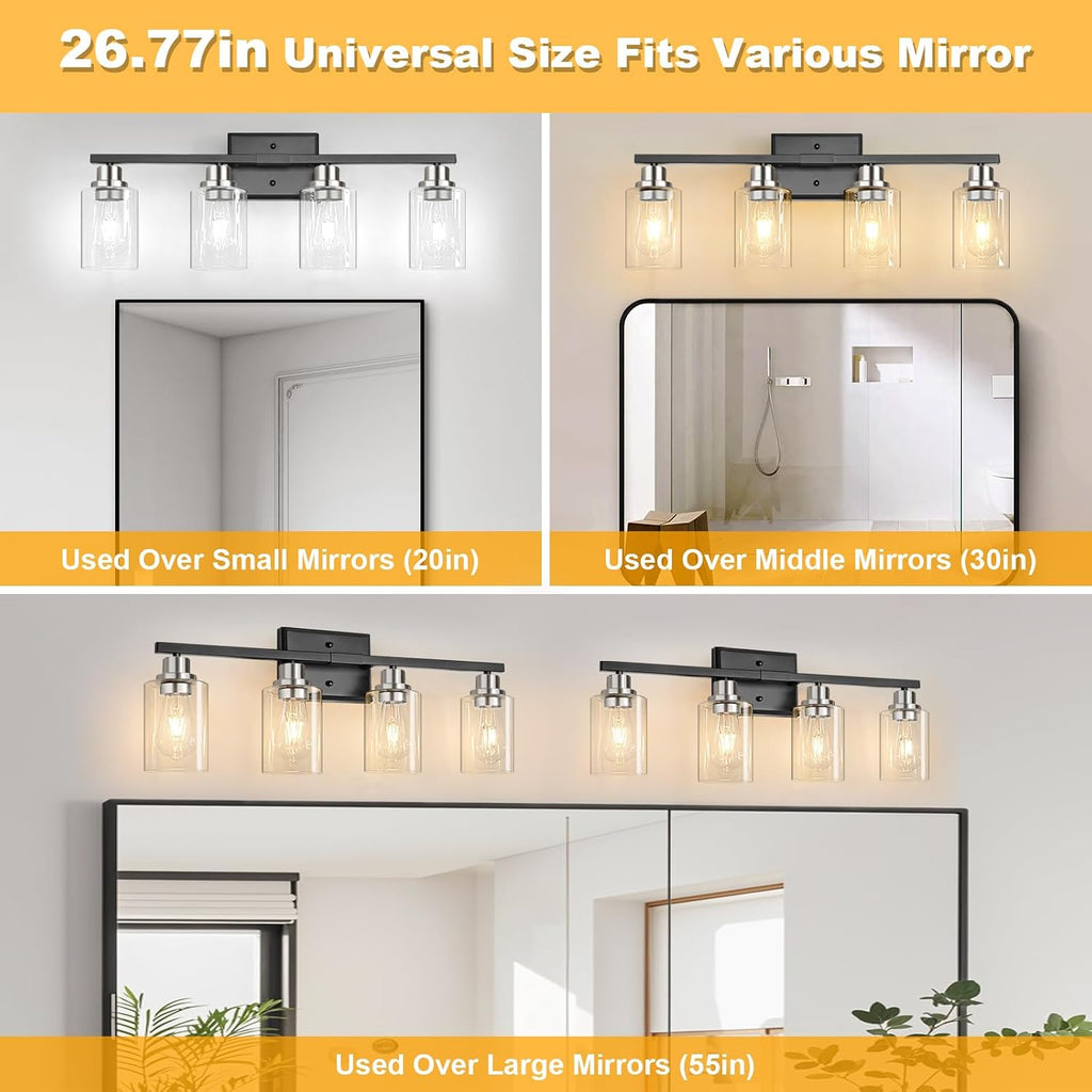 Modern Bathroom Light Fixtures, 4 Light Vanity Lights Over Mirror, Black and Brushed Nickel Wall Lamp with Clear