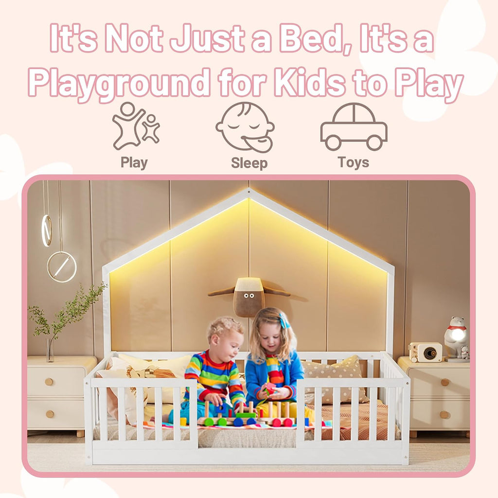 Montessori House Floor Bed with High Rails and LED Light, White