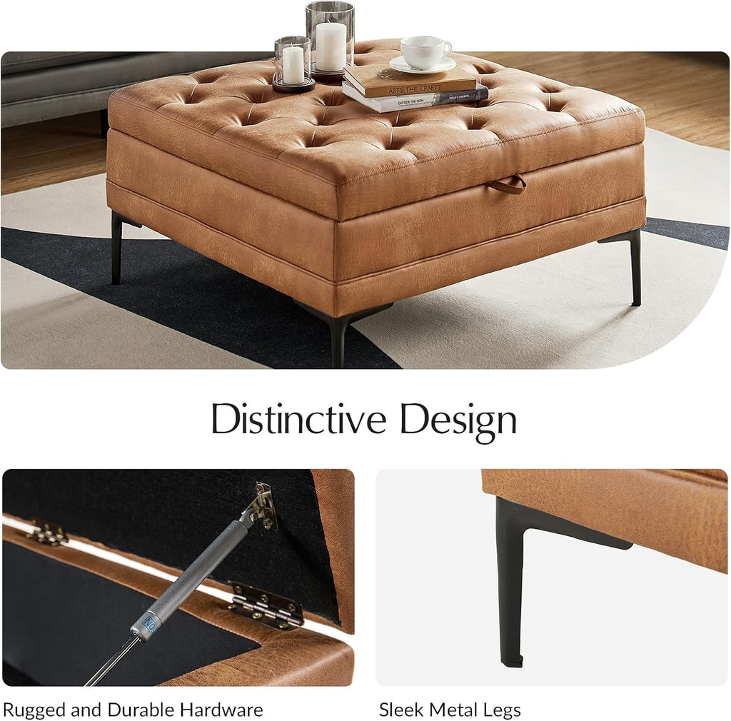 Tufted Faux Leather Coffee Table, Camel | 36.5" Square Storage Ottoman with Metal Legs, Large Upholstered Ottoman for