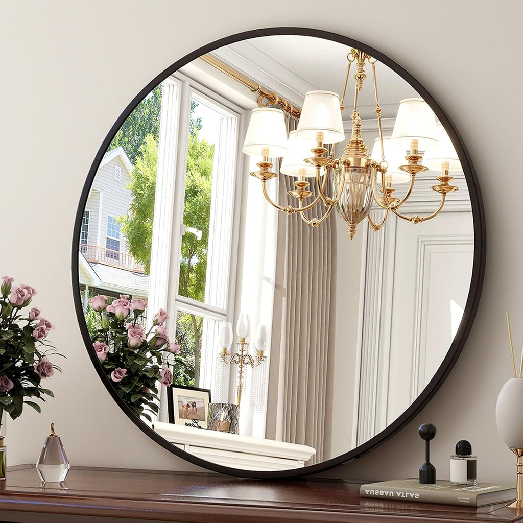 24 Inch Round Mirror - Circle Mirrors Wall Decor, Modern Hanging Vanity Mirror, Matte Black Circle Decorative Wall