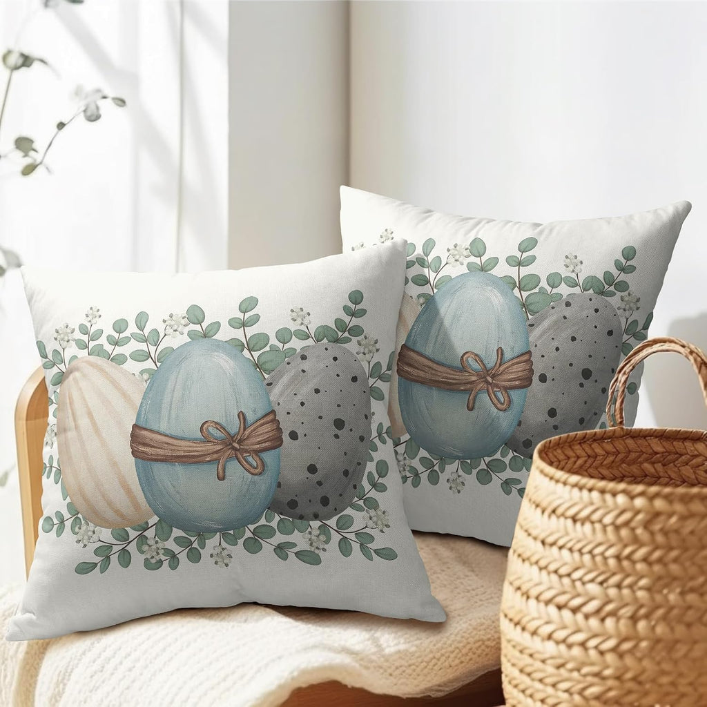 Easter Pillow Covers 18x18 Spring Throw Pillow Covers Rustic Cute Eggs Pillowcase Linen Decoration Farmhouse - Set of 2