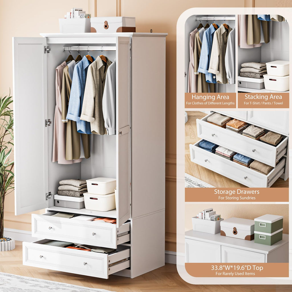 72" Wooden Armoire Wardrobe Closet with 2 Doors and 2 Drawers, White