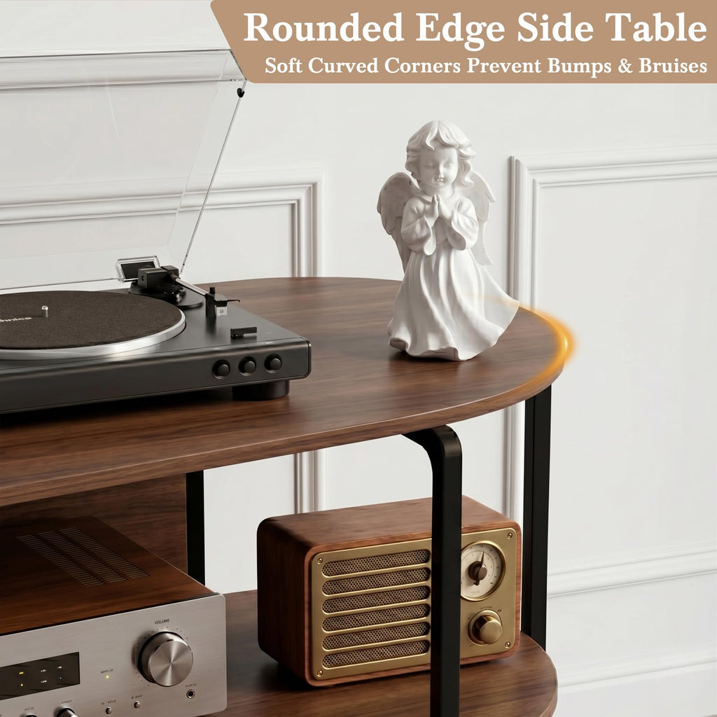 Vinyl Record Player Stand with Power Outlets, 43.3" Mid Century Turntable Stand Console Table, 3-Tier Arc Record
