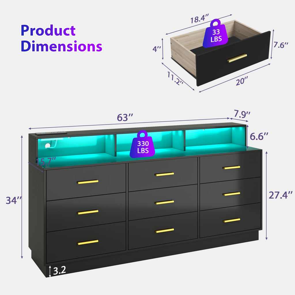 Black 9 Drawer Dressers, Modern Large Dresser with LED Light and Power Outlet, Wooden Long Dresser