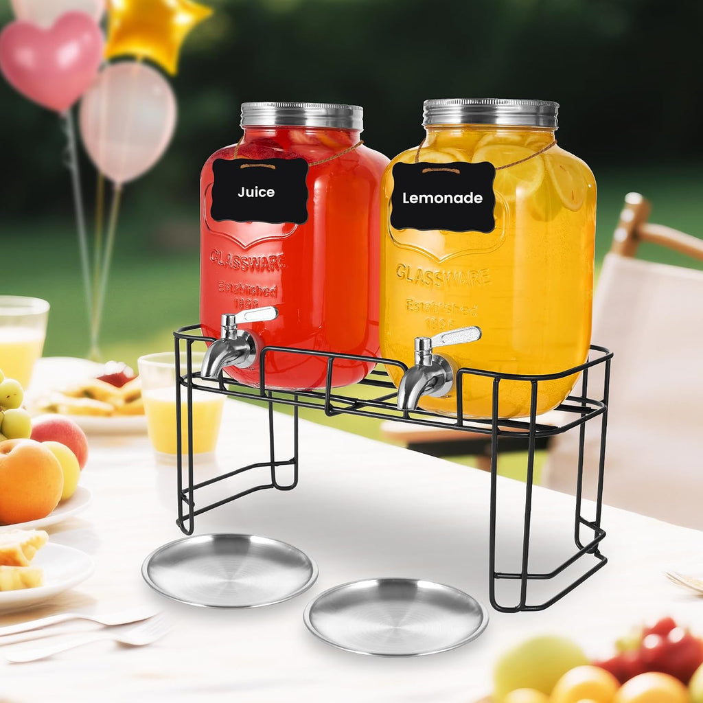 Drink Dispenser, 2 Pack 1 Gallon For Parties,Beverage Dispenser, Glass Drink Dispenser With Stand And Spigot - Set of 2