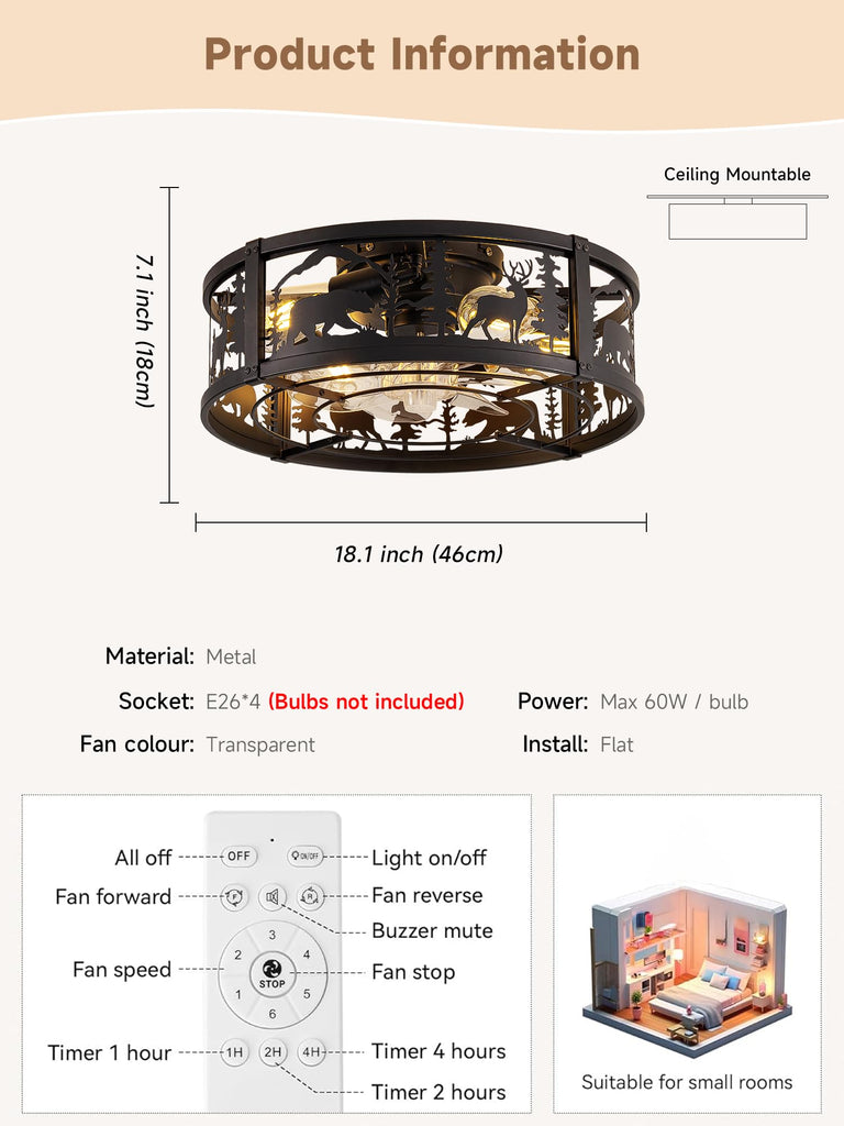 Farmhouse Caged Ceiling Fan with Light, Bear & Deer Fandelier Cabin