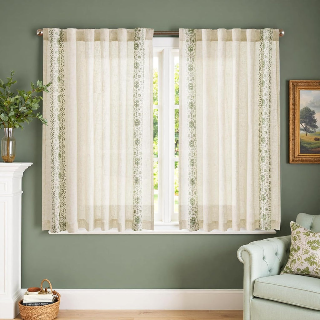 Small Window Curtains 45 Inch Length Linen Cafe Curtains for Kitchen Bathroom Bordered Floral Embroidered Short