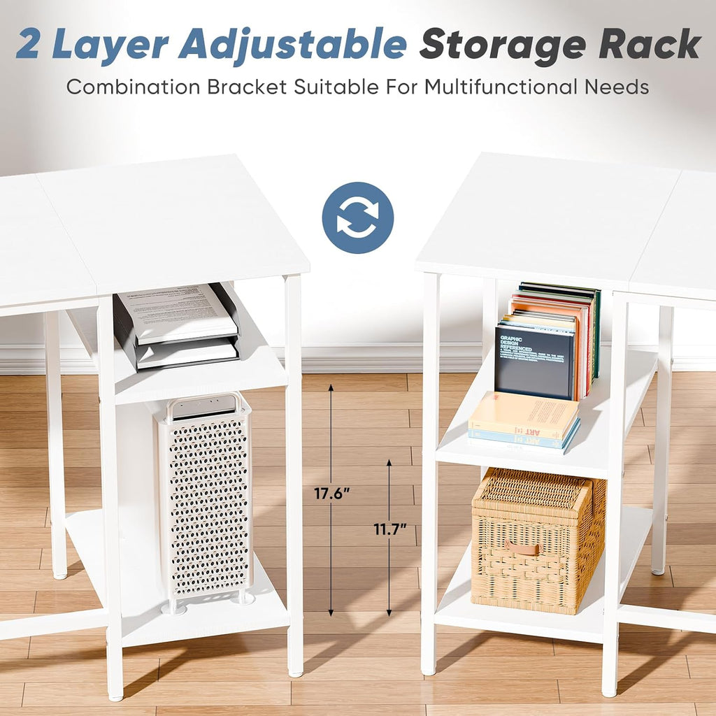 62" L Shaped Desk with Drawers and Power Outlet, White | Reversible Computer Desk with 2 Monitor Stands and Storage