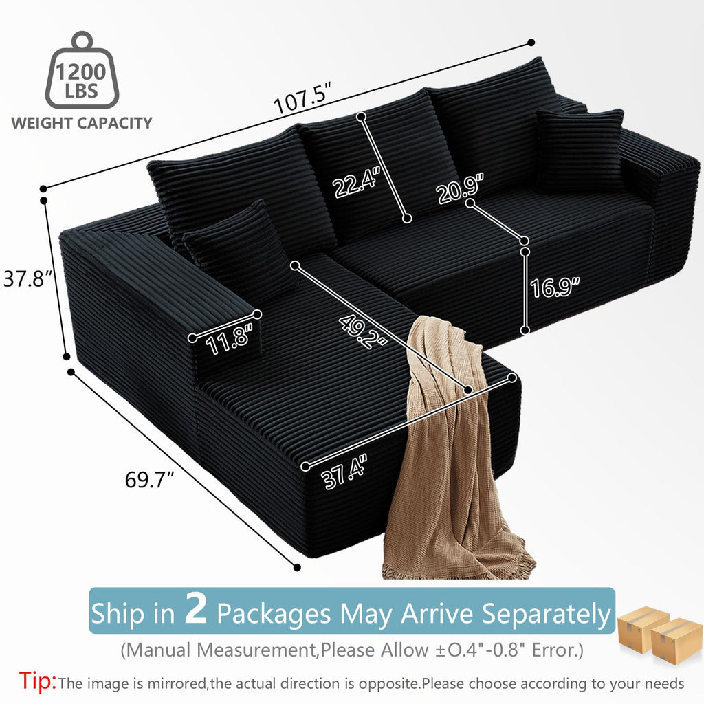 107" W Cloud Sectional Couch with L-Shape Chaise, Modern Corduroy Boneless Couch, Memory Foam Sofa with Deep Seat, No