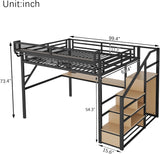 Queen Metal Loft Bed Frame with Desk, Staircase, Built-in Storage Shelves and Wardrobe