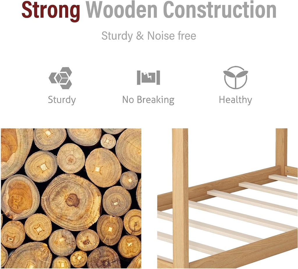 House Bed Frame with LED Lights, Solid Wood Montessori Floor Bed, Low Platform Kids Play House Bed for Boys