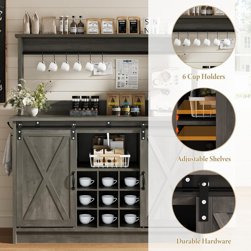 47" Farmhouse Coffee Bar Cabinet with Storage Hutch, Grey | Coffee Bar Station with Sliding Barn Door, 6 Hooks and