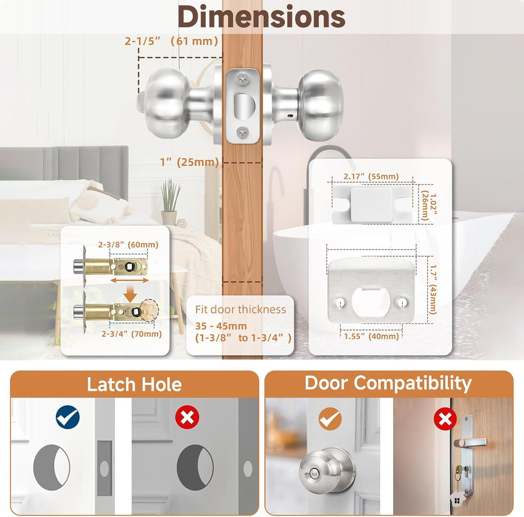 6 Pack Brushed Nickel Door Knobs, Privacy Door Lock Silver Keyless Door Handle with Lock Bedroom, Keyless Door