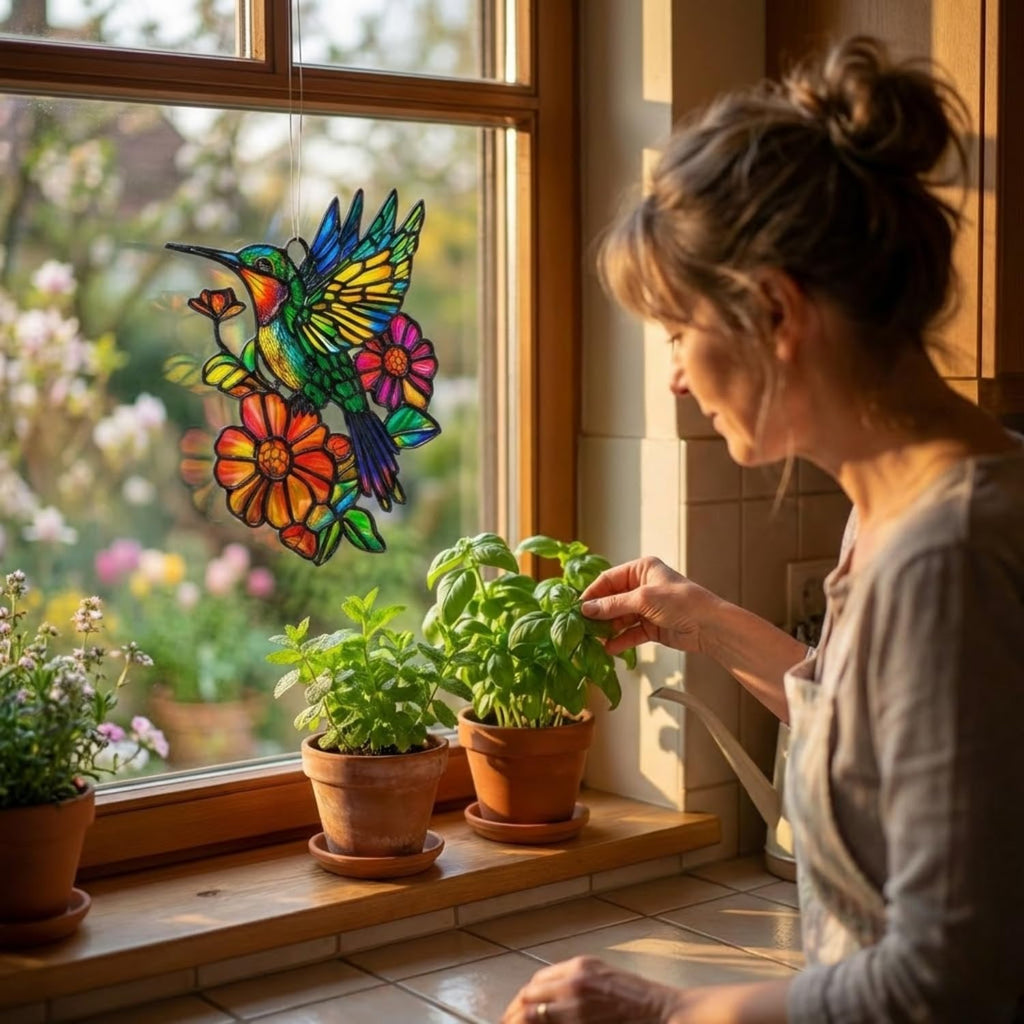 Hummingbird Flower Resin Suncatcher Size 6 Inches, Stained Glass Effect Hummingbird Ornaments Window Hanging Garden