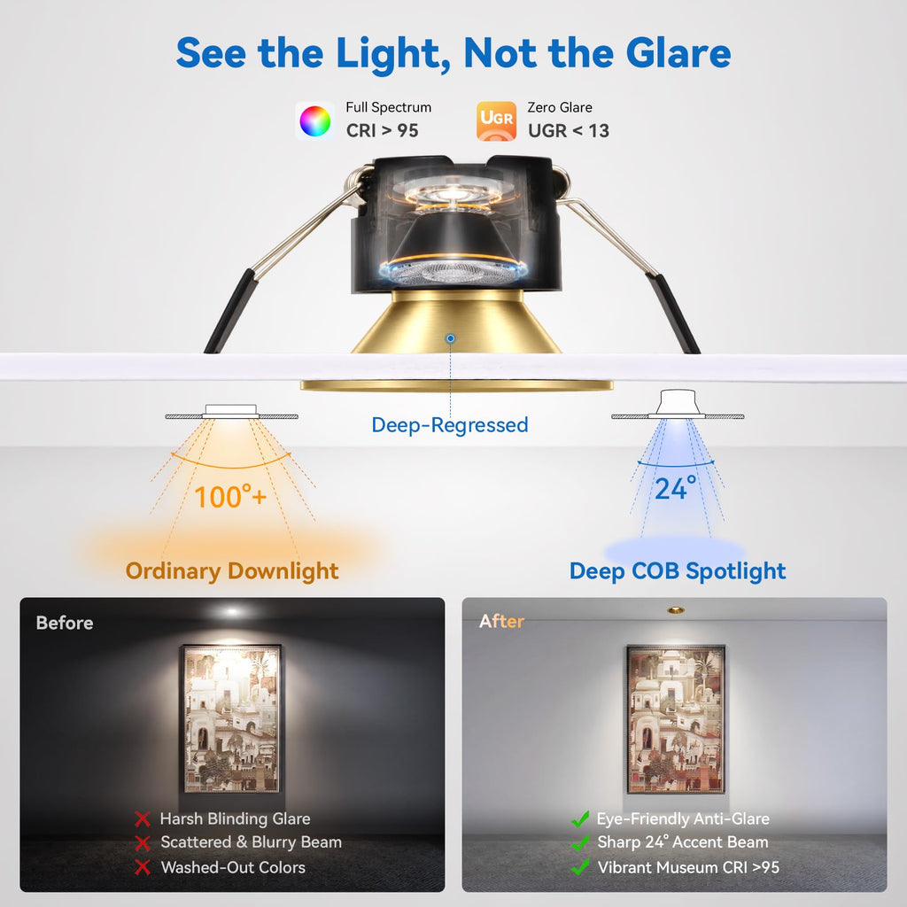 Gold 3 Inch LED Recessed Light Anti Glare COB Spotlight, 6-Pack