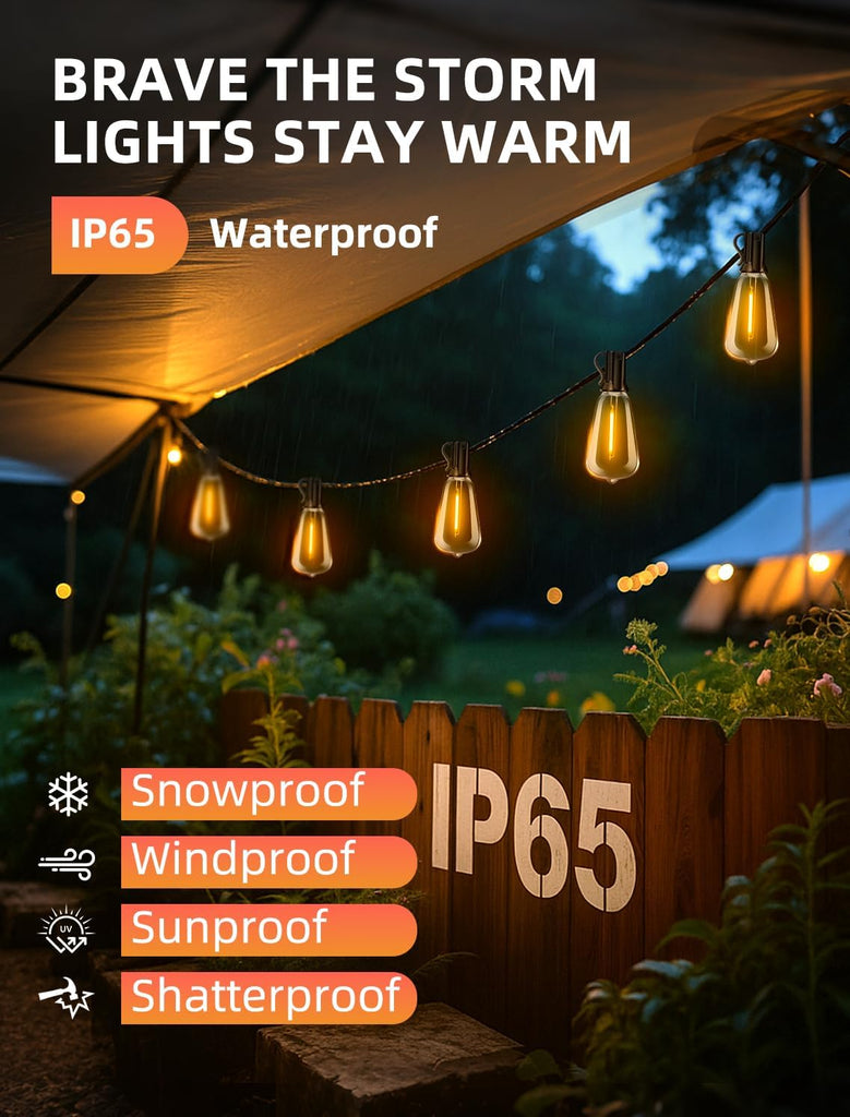 Outdoor Patio String Lights: 200Ft 60M Outside Waterproof Light - Remote Dimmable ST38 Shatterproof Bulb Connectable