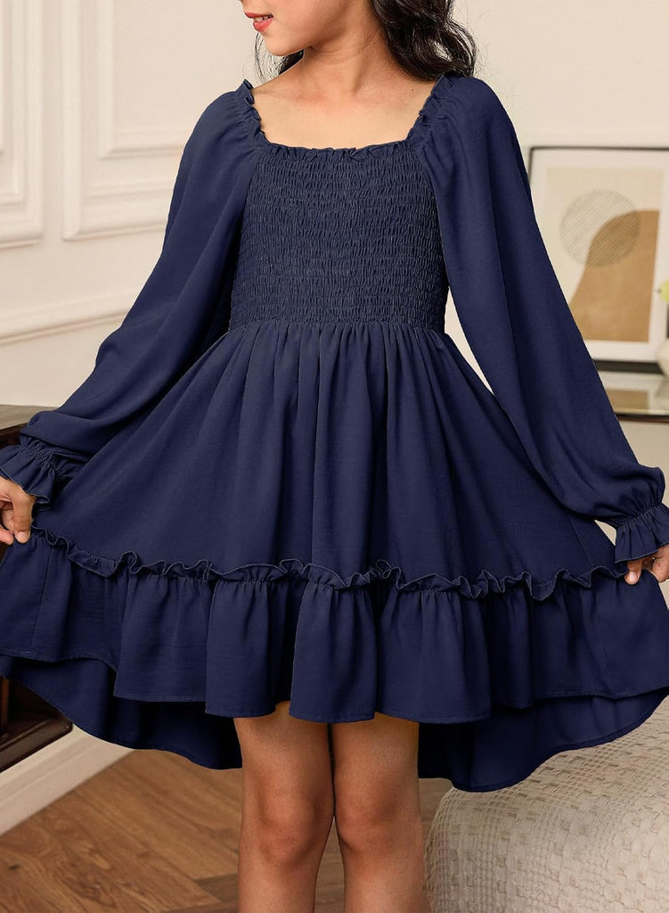 Girls Long Sleeve High-Low Hem Dress Fall Boho Ruffle Casual