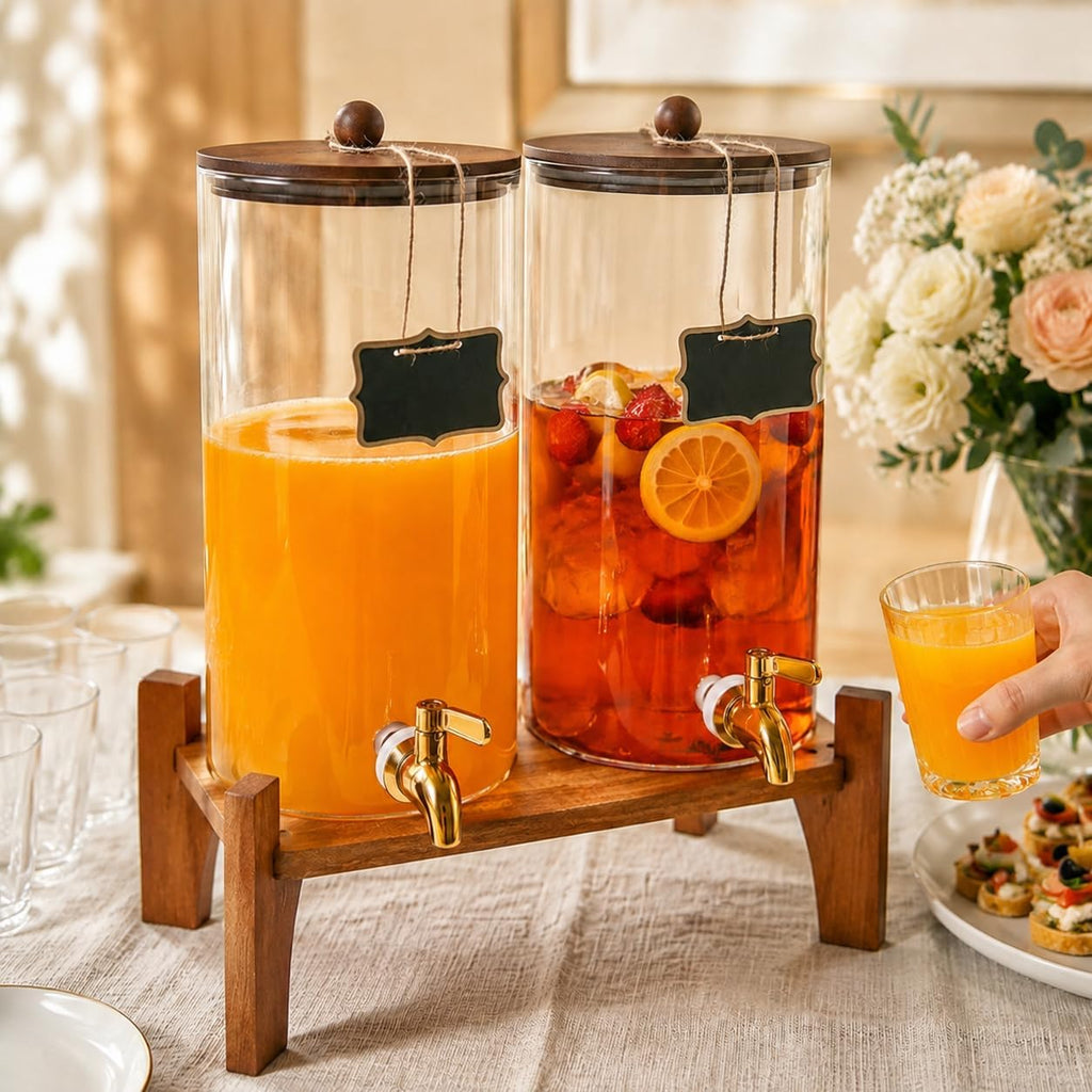 1.5 Gallon for Parties, 2 Pack Water Dispenser with Wooden Stand & Stainless Steel Spigots, 6L Large Beverage - Set of 2