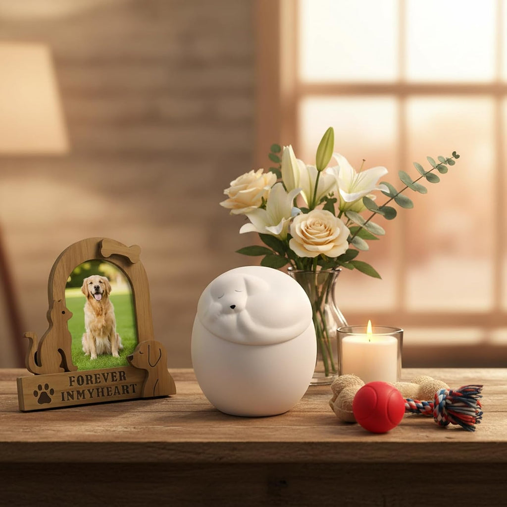 Ceramic Pet Cremation Urn for Dogs, Sleeping Dog Lid Memorial Urn