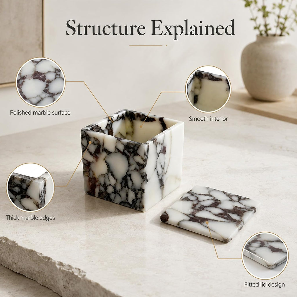 Natural Marble Square Storage Box with Lid, 3.94